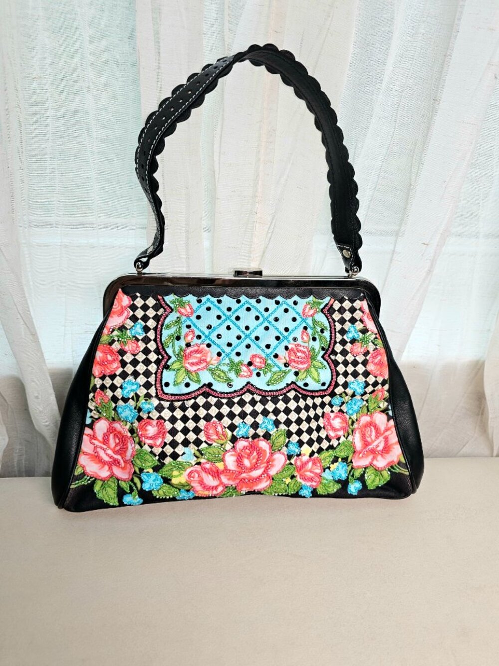 Isabella Fiore Beaded Frame Handbag Floral Patchwork Black Multi Vintage - Picture 2 of 13